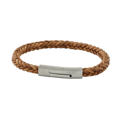 Leather wristband bracelet, 'Magical Braid in Saddle' - Light Brown Leather Braided Bracelet Crafted in Thailand