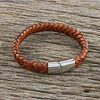 Men's leather wristband bracelet, 'Interlace' - Men's Brown Leather Braided Bracelet Crafted in Thailand