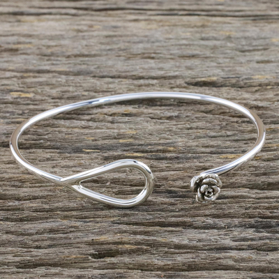 Sterling silver bangle bracelet, 'Miniature Rose' - Sterling Silver Bangle Bracelet with Rose Closure