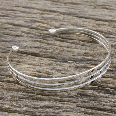 Sterling silver cuff bracelet, 'Aligned Trio' - Sterling Silver Wire Narrow Cuff Bracelet