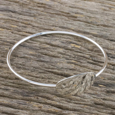 Sterling silver bangle bracelet, 'Silver Moonrise in Texture' - Sterling Silver Bangle Bracelet with Hammered Oval Pendant