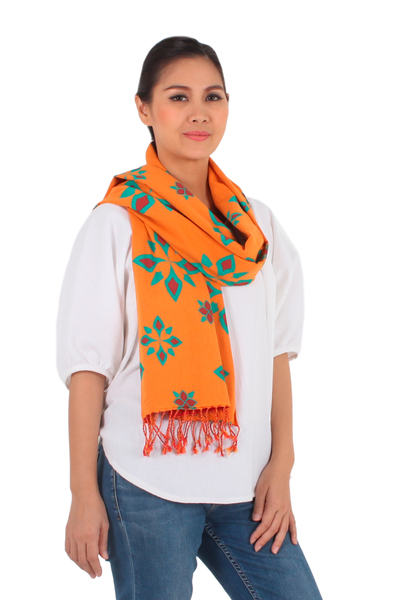 Cotton scarf, 'Radiant Morning' - Orange and Red Cotton Floral Scarf Handmade in Thailand