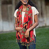 Cotton scarf, 'Radiant Sunset' - Red and Green Cotton Floral Scarf Handmade in Thailand