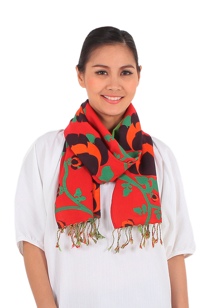 Cotton scarf, 'Radiant Sunset' - Red and Green Cotton Floral Scarf Handmade in Thailand