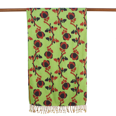 Bufanda de algodón - Bufanda floral de algodón verde y naranja hecha a mano en Tailandia