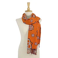 Cotton scarf, 'Radiant Bloom' - Orange and Indigo Cotton Floral Scarf Handmade in Thailand