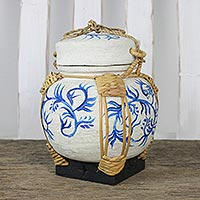 Decorative Jar with Blue Leaf Motifs from Thailand,'Charming Willow in Blue'