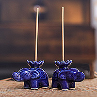 Ceramic incense holders, 'Lotus Elephant in Blue' (pair)