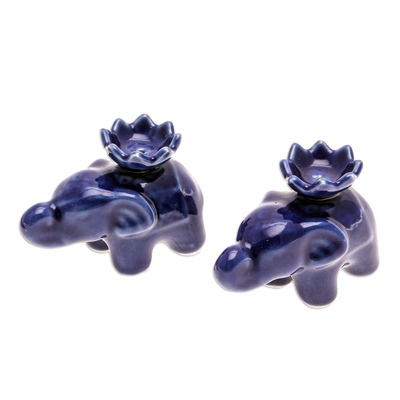 Ceramic incense holders, 'Lotus Elephant in Blue' (pair) - Blue Ceramic Elephant with Lotus Incense Holders (Pair)