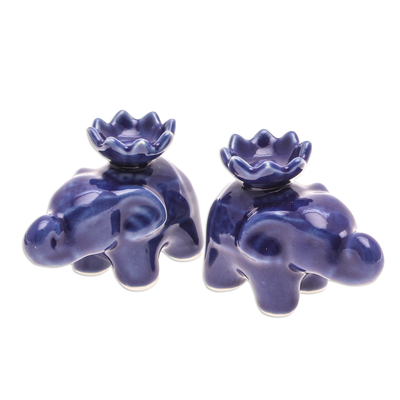 Porta incienso de cerámica, (par) - Elefante de cerámica azul con soportes de incienso de loto (par)
