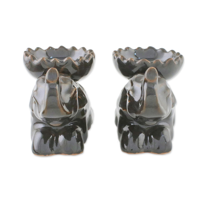 Brown Ceramic Elephant Incense Holders (Pair)