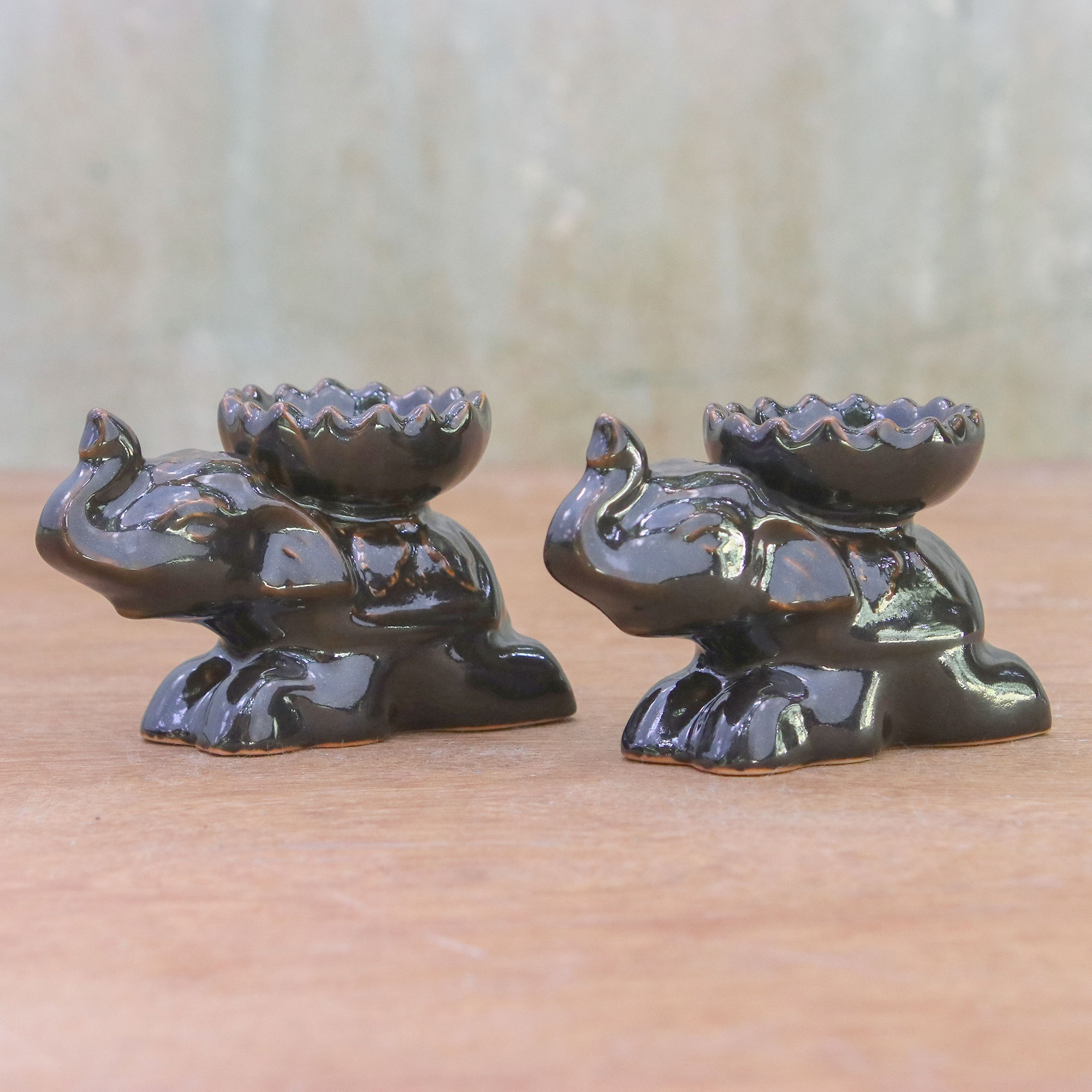 Brown Ceramic Elephant Incense Holders (Pair) - Resting Elephant | NOVICA