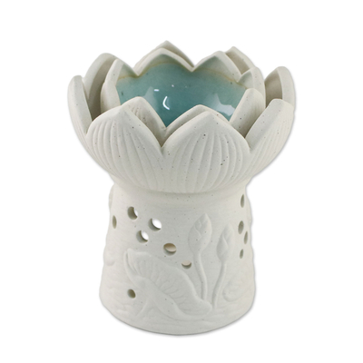 Ceramic oil warmer, 'Fragrant Lotus in White' - Ceramic Natural White Lotus Flower Oil Warmer