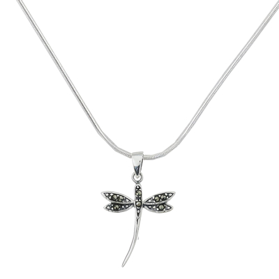 Sterling silver pendant necklace, 'Buzzing Dragonfly' - Handmade 925 Sterling Silver Dragonfly Snake Chain Necklace