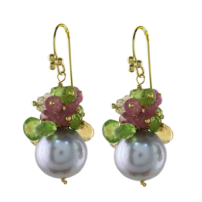 Gold Plated Cultured Pearl Multi-Gem Earrings from Thailand