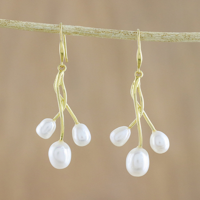 Gold plated cultured pearl dangle earrings, 'White Vine' - Gold Plated Cultured Pearl Dangle Earrings from Thailand