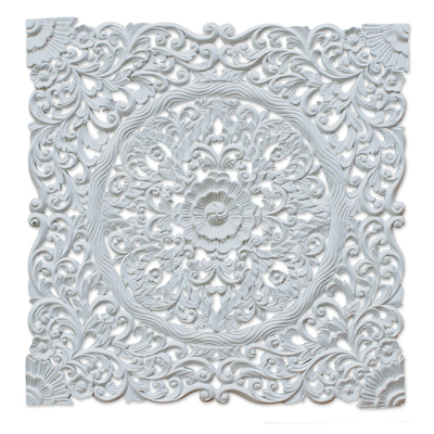 Wood relief panel, 'Tropical Flower' - Hand-Carved Floral Acacia Wood Relief Panel from Thailand