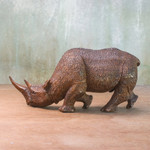 Wood sculpture, 'Majestic Rhino' - Hand Carved Thai Raintree Wood Realistic Rhino Sculpture