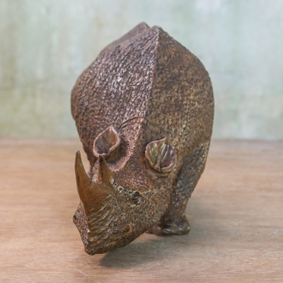 Wood sculpture, 'Majestic Rhino' - Hand Carved Thai Raintree Wood Realistic Rhino Sculpture