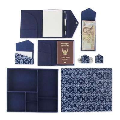 Set de regalo de viaje de algodón (6 piezas) - Set de regalo de viaje hecho a mano con estampado de algodón azul (6 piezas)