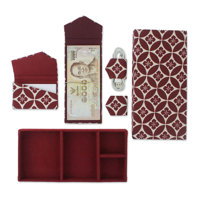 Cotton travel gift set, 'Blossoming Cherries' (4 pieces) - Red Floral Cotton Print Handcrafted Gift Set (4 pieces)