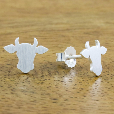 Sterling silver stud earrings, 'Gentle Bull' - Handmade 925 Sterling Silver Bull Steer Stud Earrings
