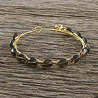 Gold plated smoky quartz bangle bracelet, 'Romantic Fling'