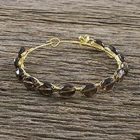 Gold plated smoky quartz bangle bracelet, 'Romantic Fling' - Gold Plated Thai Smoky Quartz Beaded Bangle Bracelet