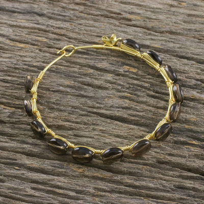 Gold plated smoky quartz bangle bracelet, 'Romantic Fling' - Gold Plated Thai Smoky Quartz Beaded Bangle Bracelet