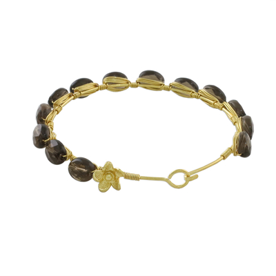 Gold plated smoky quartz bangle bracelet, 'Romantic Fling' - Gold Plated Thai Smoky Quartz Beaded Bangle Bracelet