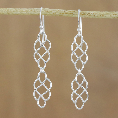 Sterling silver dangle earrings, 'Metallic Lace' - 925 Sterling Silver Long Dangle Earrings with Hook Ear Wires