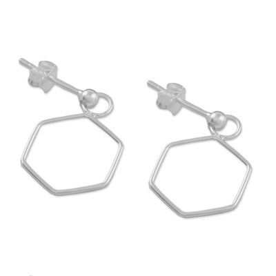Sterling silver dangle earrings, 'Elegant Hexagon' - 925 Sterling Silver Hexagon Shaped Frame Earrings