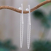 Sterling silver bar and chain hoop earrings, 'Juxtapose' - Sterling Silver Bar and Chain Hoop Earrings