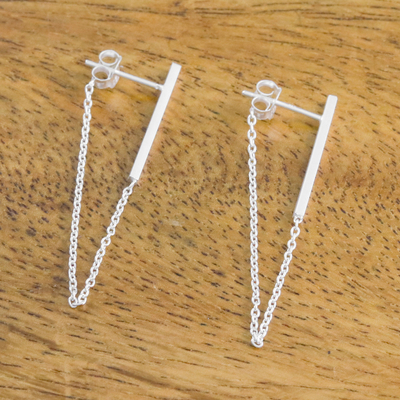 Sterling silver bar and chain hoop earrings, 'Juxtapose' - Sterling Silver Bar and Chain Hoop Earrings