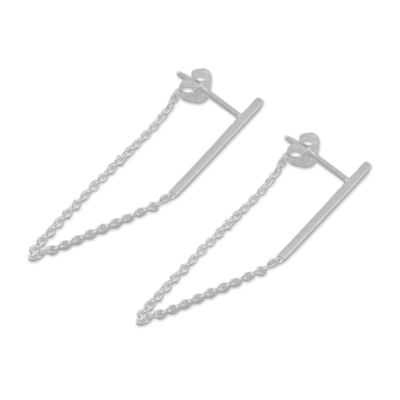 Sterling silver bar and chain hoop earrings, 'Juxtapose' - Sterling Silver Bar and Chain Hoop Earrings