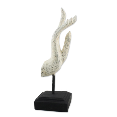 Wood statuette, 'Buddha Greeting in White' - White Crackle Finish Hand Carved Acacia Wood Hand Statuette