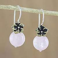 Rose quartz dangle earrings, 'Lunar Florescence' - Hand Crafted Rose Quartz Dangle Earrings with Brass Flower