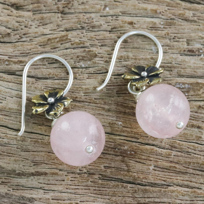Rose quartz dangle earrings, 'Lunar Florescence' - Hand Crafted Rose Quartz Dangle Earrings with Brass Flower