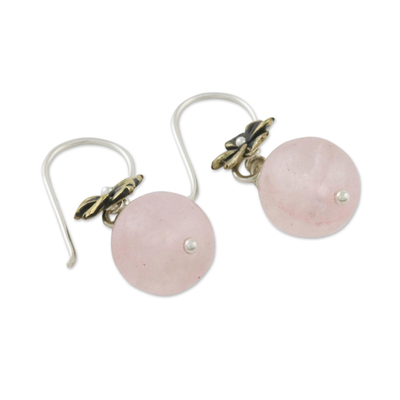 Rose quartz dangle earrings, 'Lunar Florescence' - Hand Crafted Rose Quartz Dangle Earrings with Brass Flower