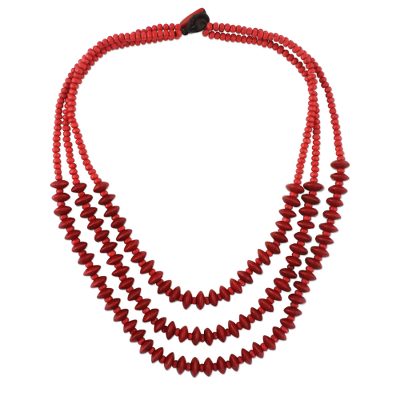 Wood beaded strand necklace, 'Island Allure in Crimson' - Red Wood Beaded Strand Necklace from Thailand