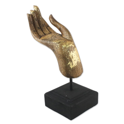 Wood sculpture, 'A Hand to Hold in Gold Accent' - Brown and Gold Hand Carved Acacia Wood Hand Sculpture
