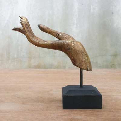 Wood sculpture, 'A Hand to Hold in Gold Accent' - Brown and Gold Hand Carved Acacia Wood Hand Sculpture