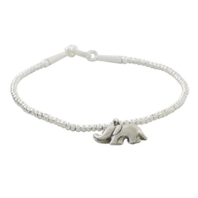 Sterling silver charm bracelet, 'Elephant's Charm' - Fine Silver Elephant Charm, Sterling Silver Beaded Bracelet