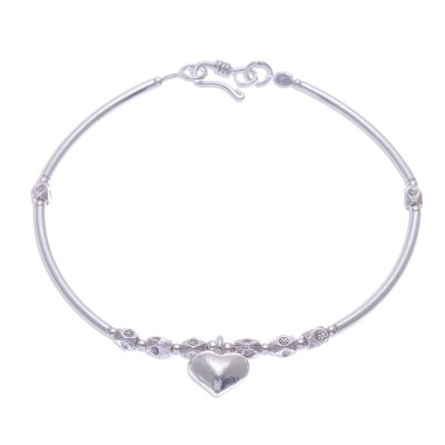 Sterling silver charm bracelet, 'Karen Heartbeat' - Fine Silver Heart Charm on Sterling Silver Beaded Bracelet