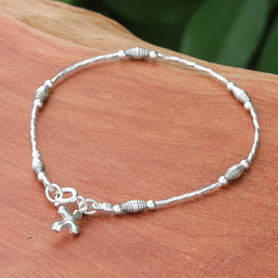 Silver beaded charm bracelet, 'Undying Faith' - Karen Silver Cross Charm Bracelet Handcrafted in Thailand