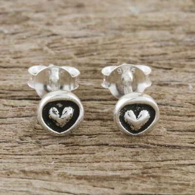 Sterling silver stud earrings, 'Little Heart' - Sterling Silver Circle Frame Petite Heart Stud Earrings