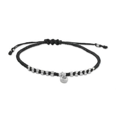 Silver beaded macrame bracelet, 'Sweet Memory' - Hand-Knotted Cord 950 Silver Macrame Flower Bracelet
