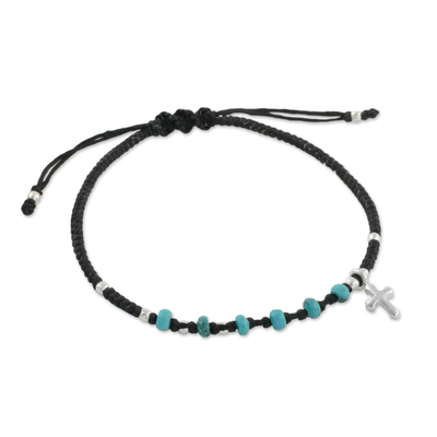 950 Silver Reconstituted Turquoise Macrame Cross Bracelet
