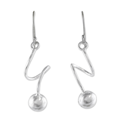 Silver dangle earrings, 'Spin Time' - Hill Tribe Silver Spiral Dangle Hook Matte Finish Earrings