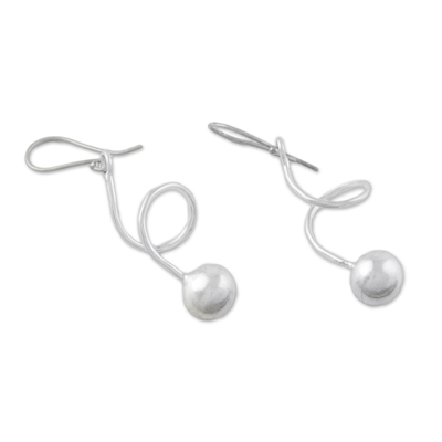 Silver dangle earrings, 'Spin Time' - Hill Tribe Silver Spiral Dangle Hook Matte Finish Earrings